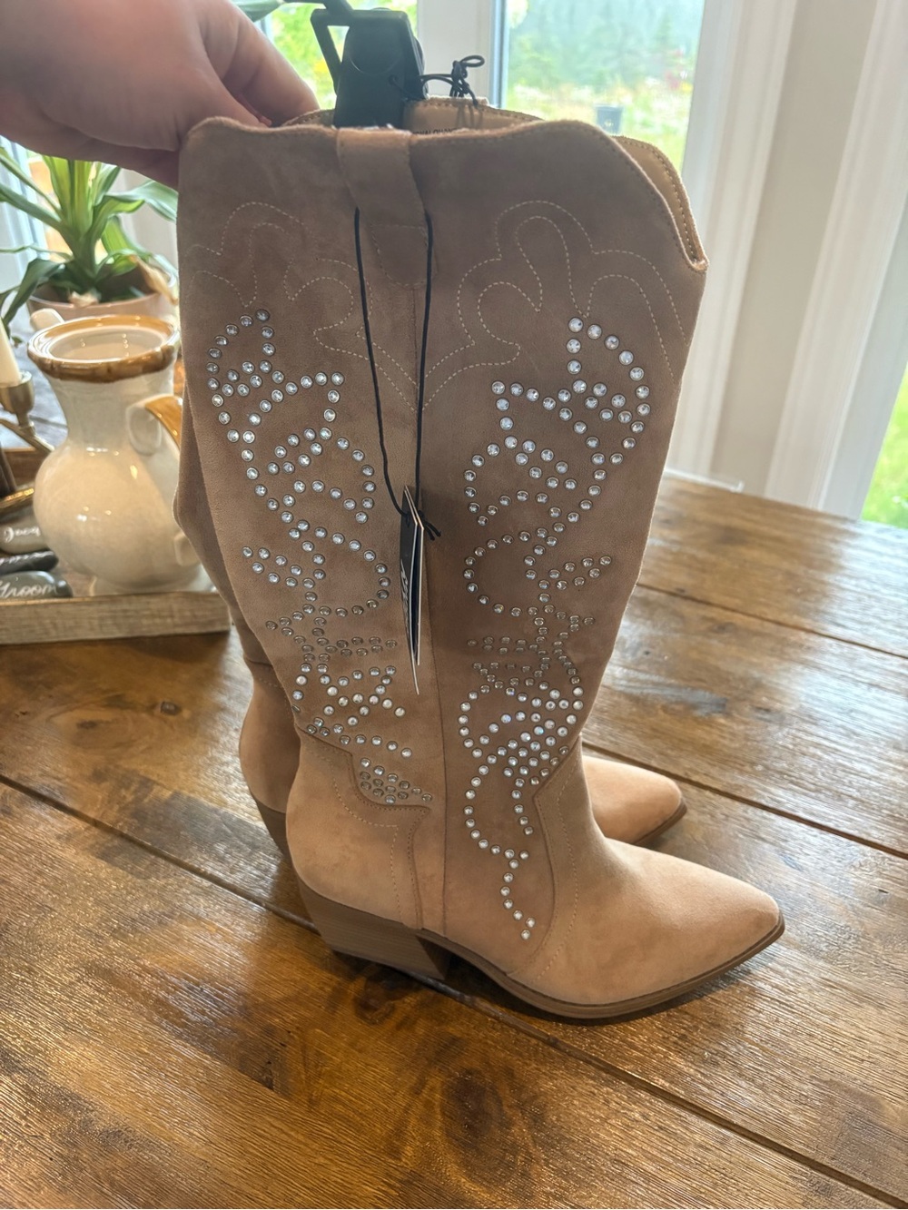 Tan Suede Mid-Calf Western Boots with Crystal Studs